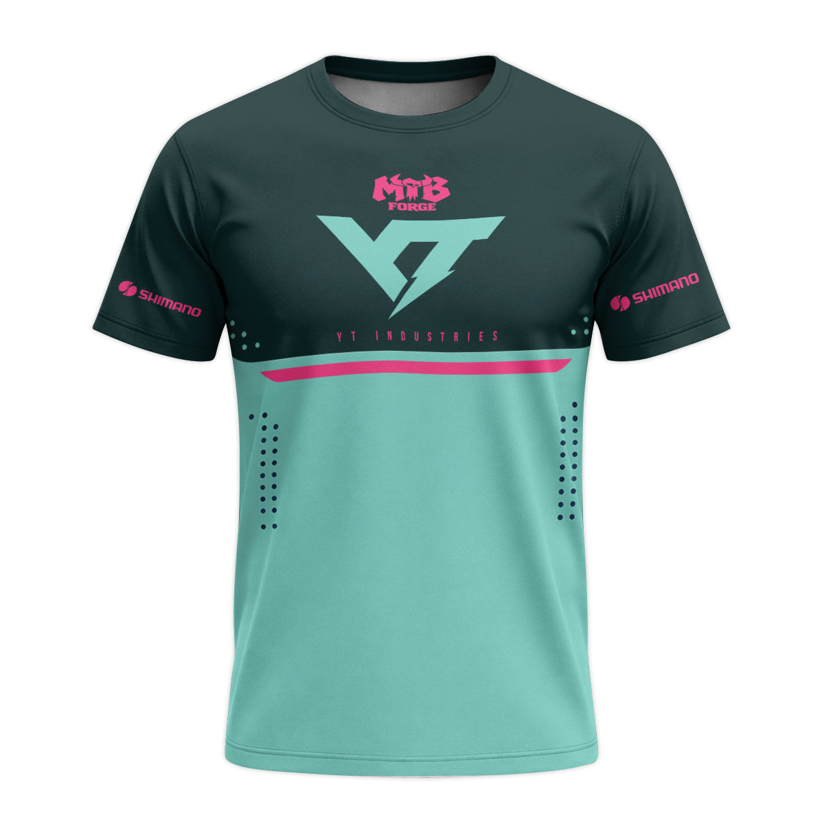 YT Industries Teal Pink Factory Youth Short Sleeve Mountain Bike Jersey – Front View Mockup