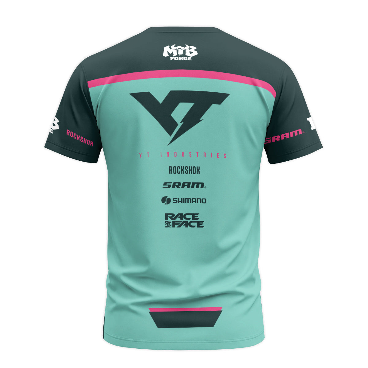 YT Industries Teal Pink Factory Youth Short Sleeve Mountain Bike Jersey – Back View Mockup