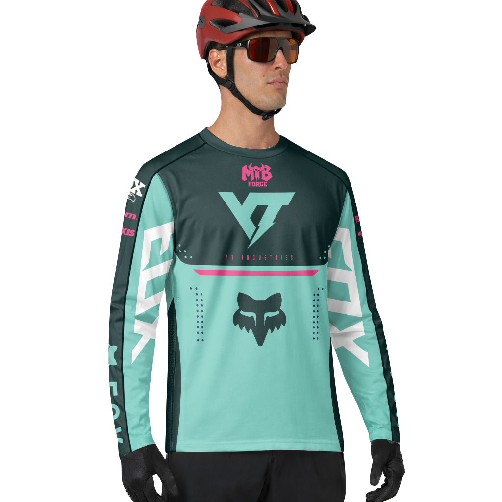 YT Industries Teal Pink Long Sleeve Mountain Bike Jersey - lifestyle view