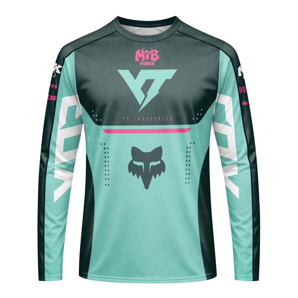 YT Industries Teal Pink Long Sleeve Mountain Bike Jersey - front view mockup