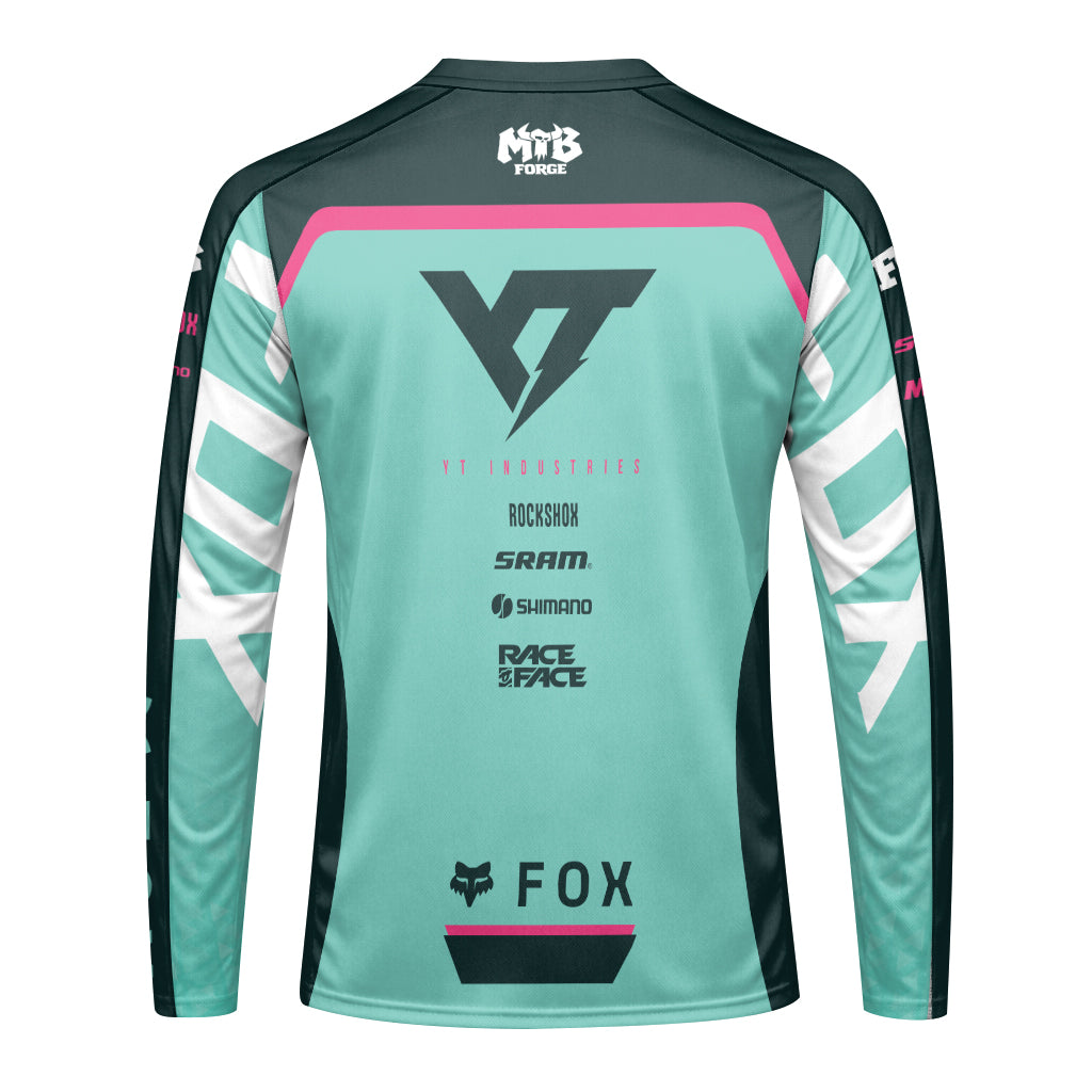 YT Industries Teal Pink Long Sleeve Mountain Bike Jersey - back view mockup