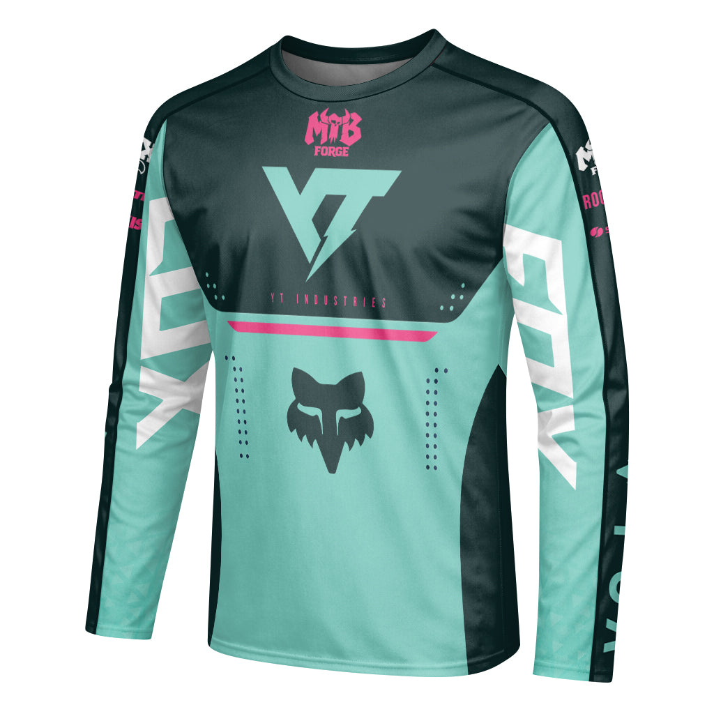 YT Industries Teal Pink Long Sleeve Mountain Bike Jersey - left side mockup