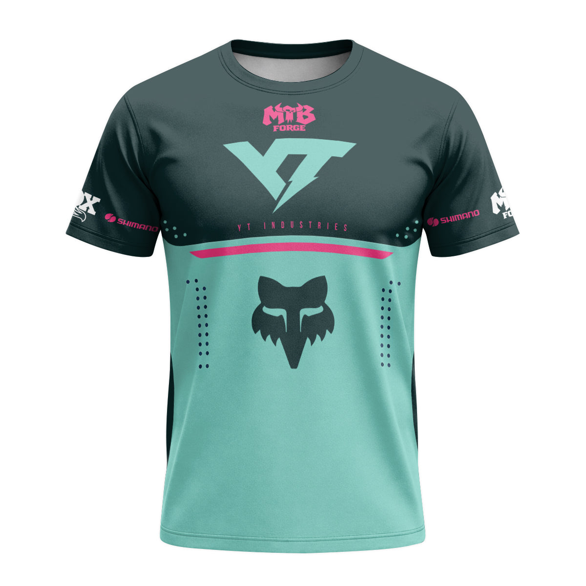 YT Industries Teal Pink Short Sleeve Mountain Bike Jersey - front view mockup