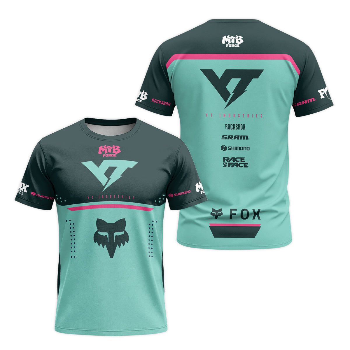 YT Industries Teal Pink Short Sleeve Mountain Bike Jersey - front and back view